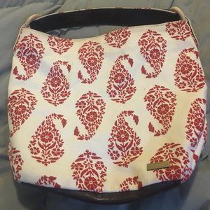 Stephani Johnson white cloth shoulder bag with red designs